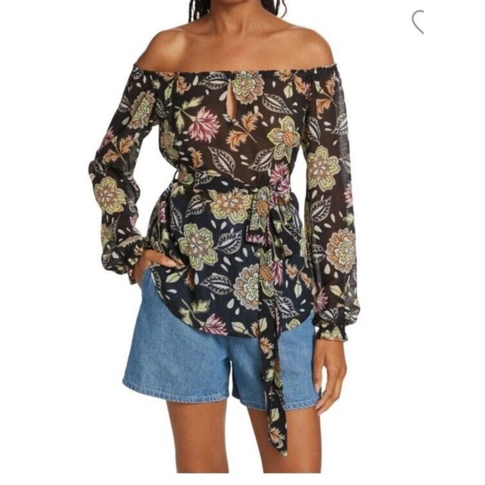 Rag & Bone Sierra Silk Blend Sheer Floral Off Shoulder Blouse Top w/ Tie Belt‎ S